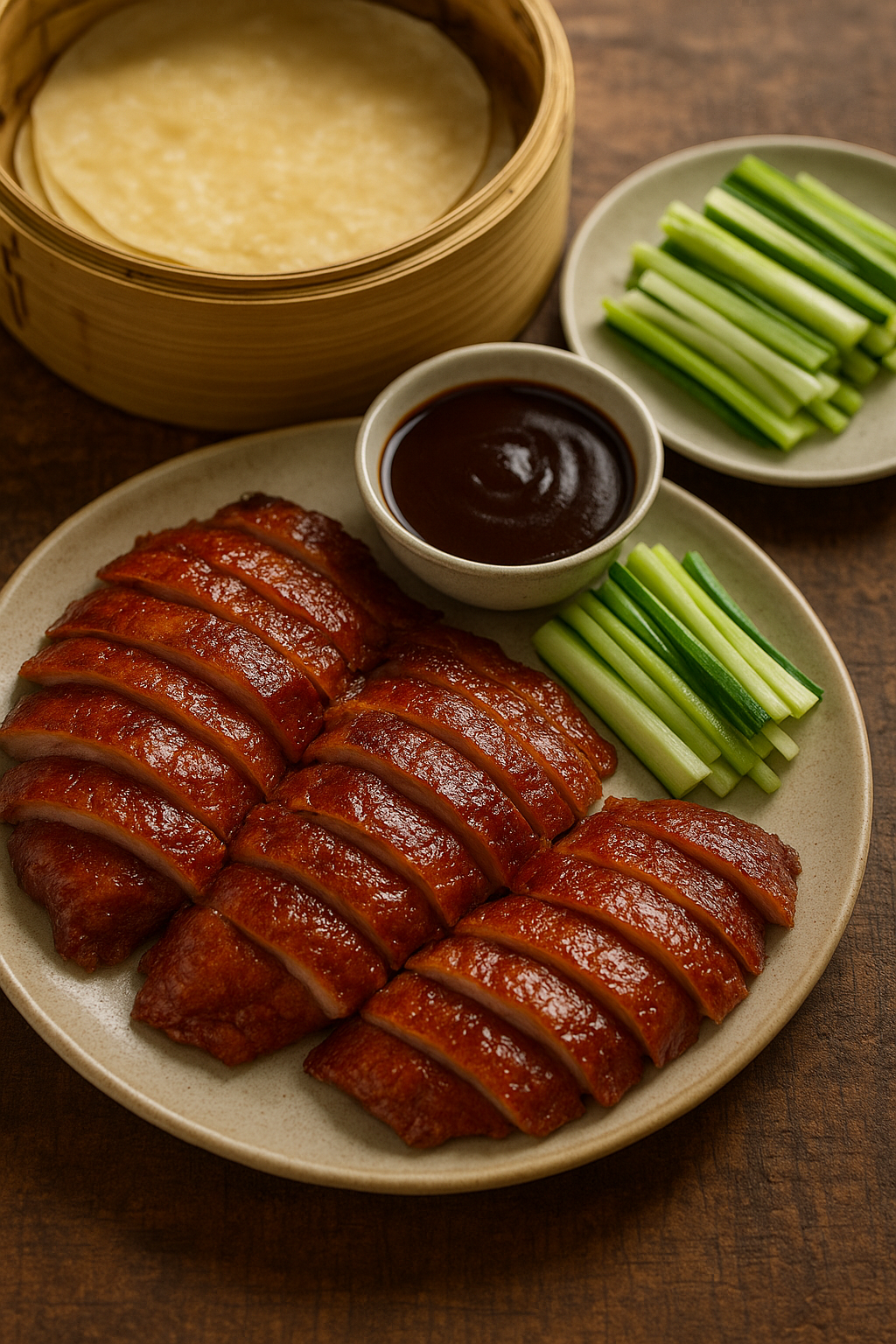 A beautifully roasted Peking duck with crispy, mahogany-colored skin, ready for carving.