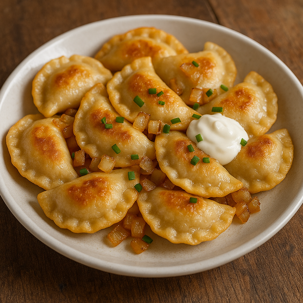A plate of boiled and pan-fried pierogi topped with caramelized onions and a side of sour cream.