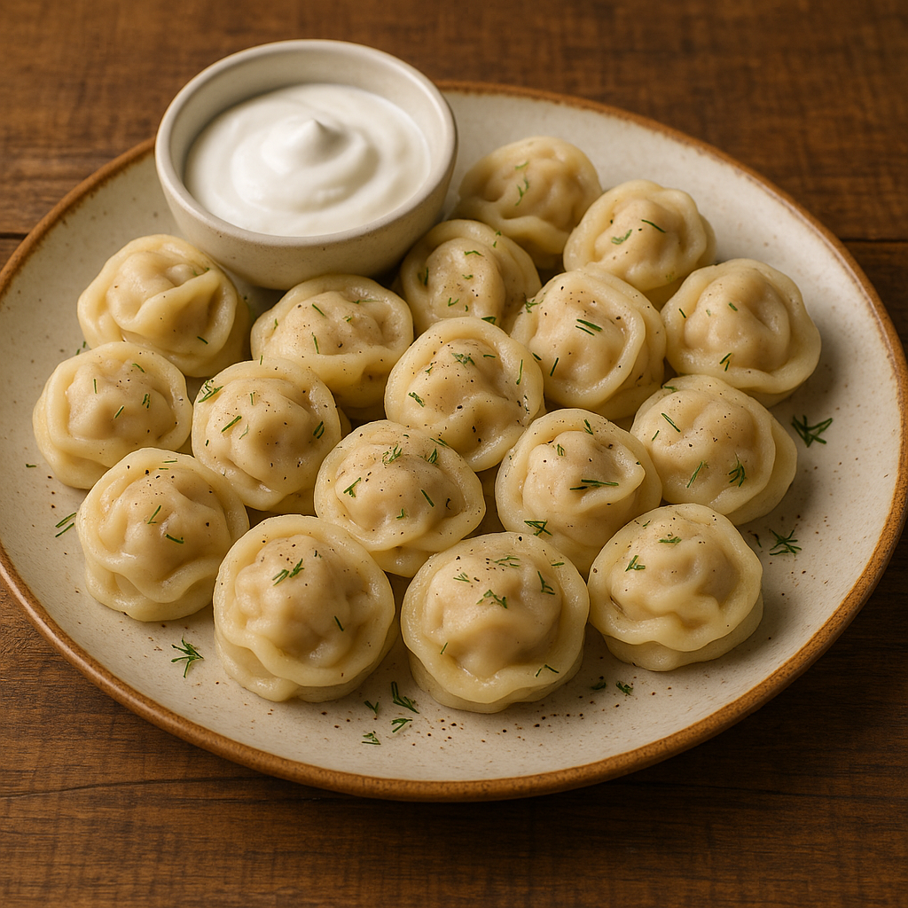 A bowl of Russian pelmeni dumplings served with a dollop of sour cream and fresh dill.