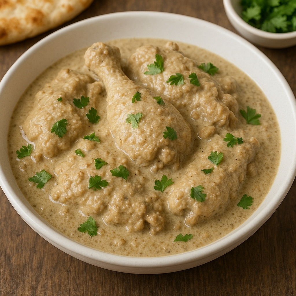 Georgian Satsivi showing shredded chicken in a thick, creamy, pale walnut sauce.