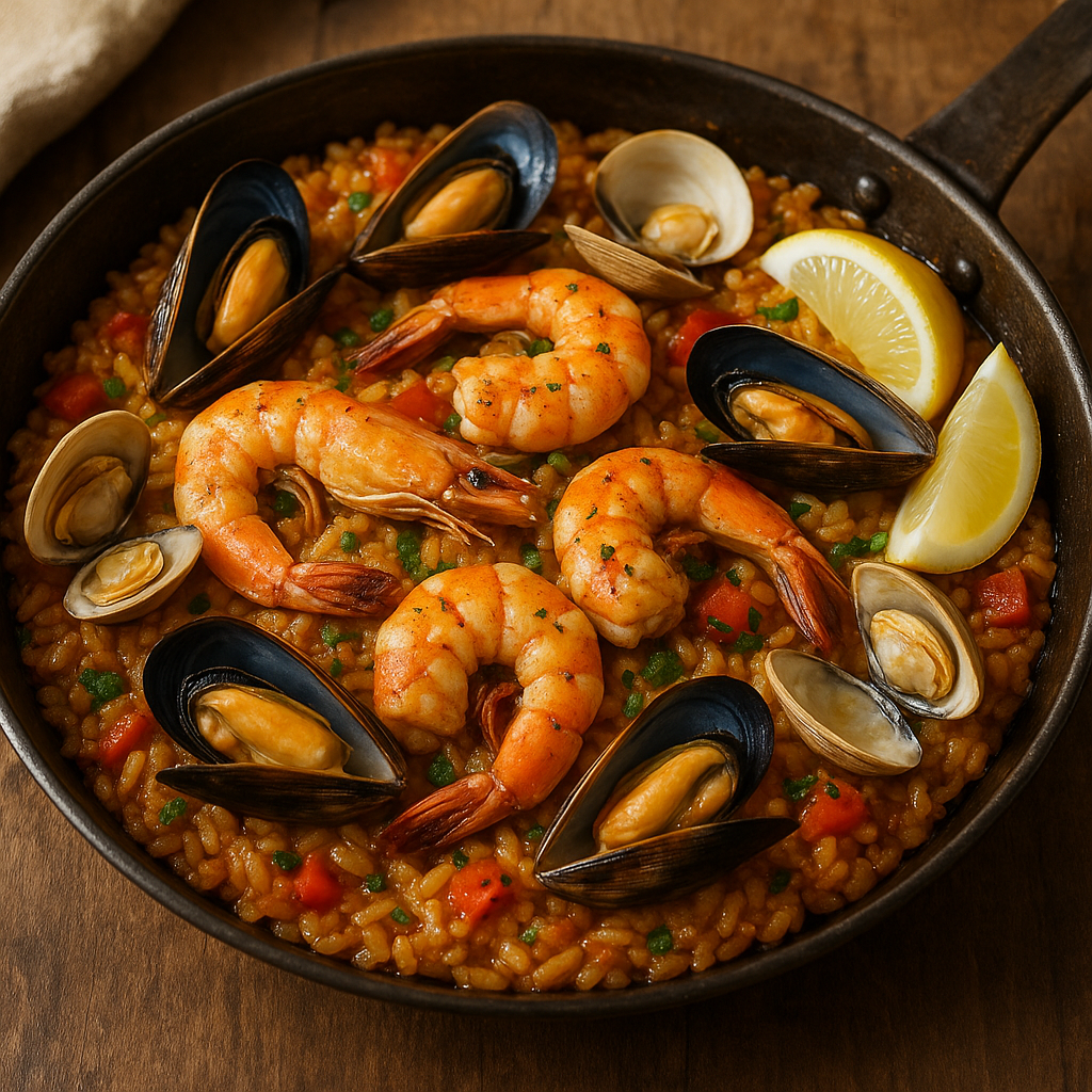 A large paella pan filled with vibrant yellow rice, shrimp, mussels, and chicken.