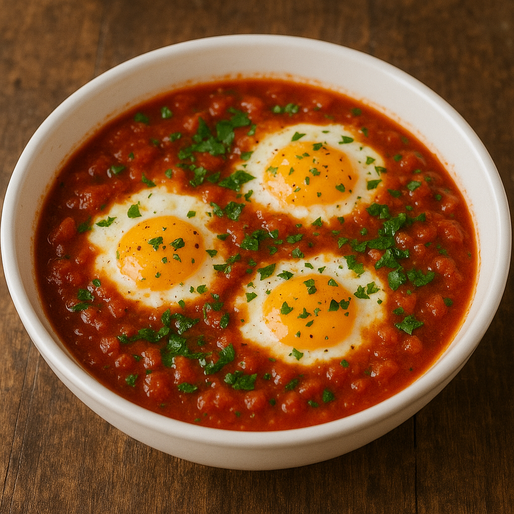 A skillet of rich, red shakshuka with perfectly poached eggs nestled in the tomato sauce, garnished with cilantro.
