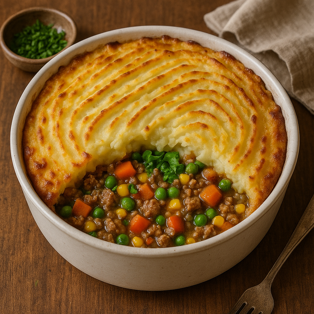 A baked Shepherd's pie in a casserole dish with a golden-brown mashed potato topping.