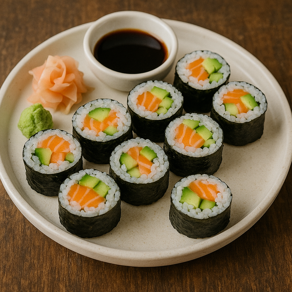 A variety of colorful sushi rolls neatly arranged on a platter with wasabi and pickled ginger.