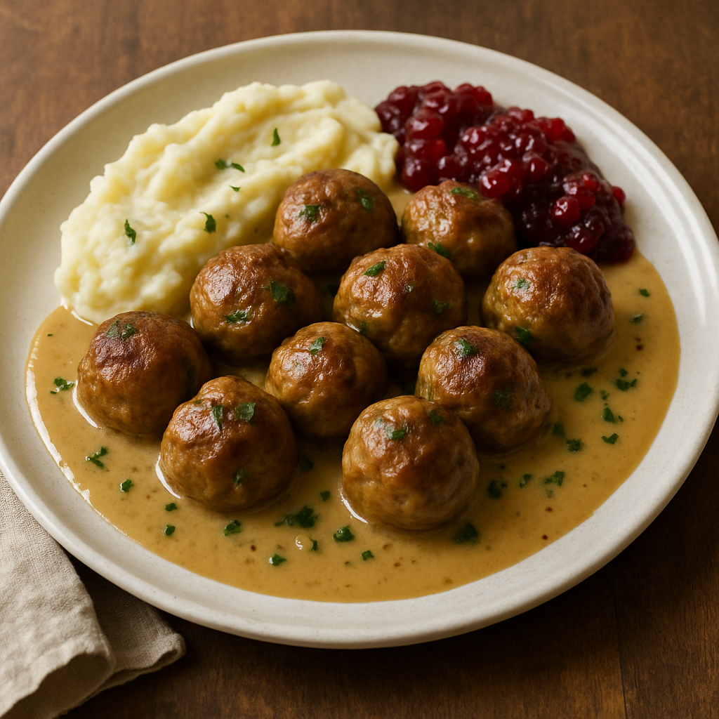 A plate of Swedish meatballs smothered in a creamy gravy, served with a side of lingonberry jam.