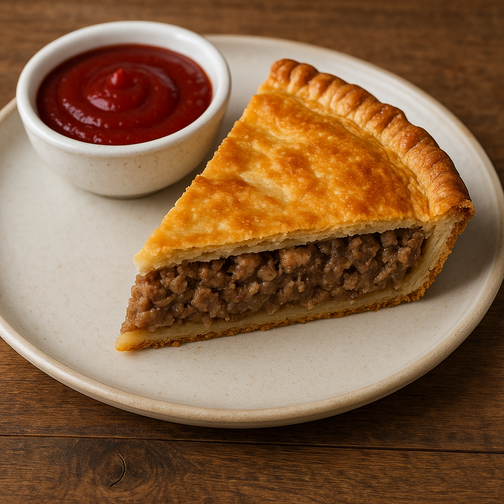 A slice of French-Canadian Tourtière meat pie, showing the savory meat and potato filling.