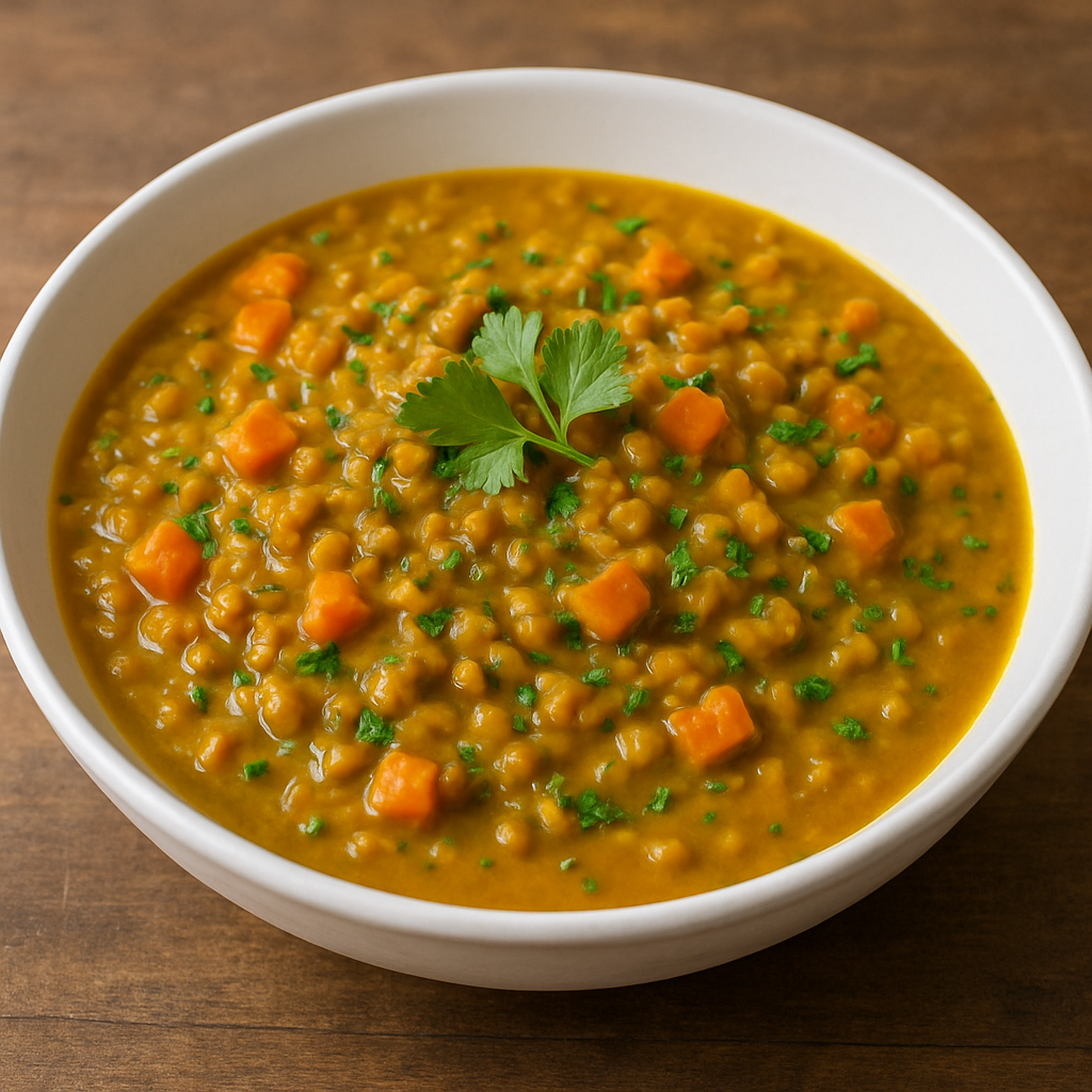 A vibrant bowl of vegan lentil curry, garnished with fresh cilantro and a side of basmati rice.