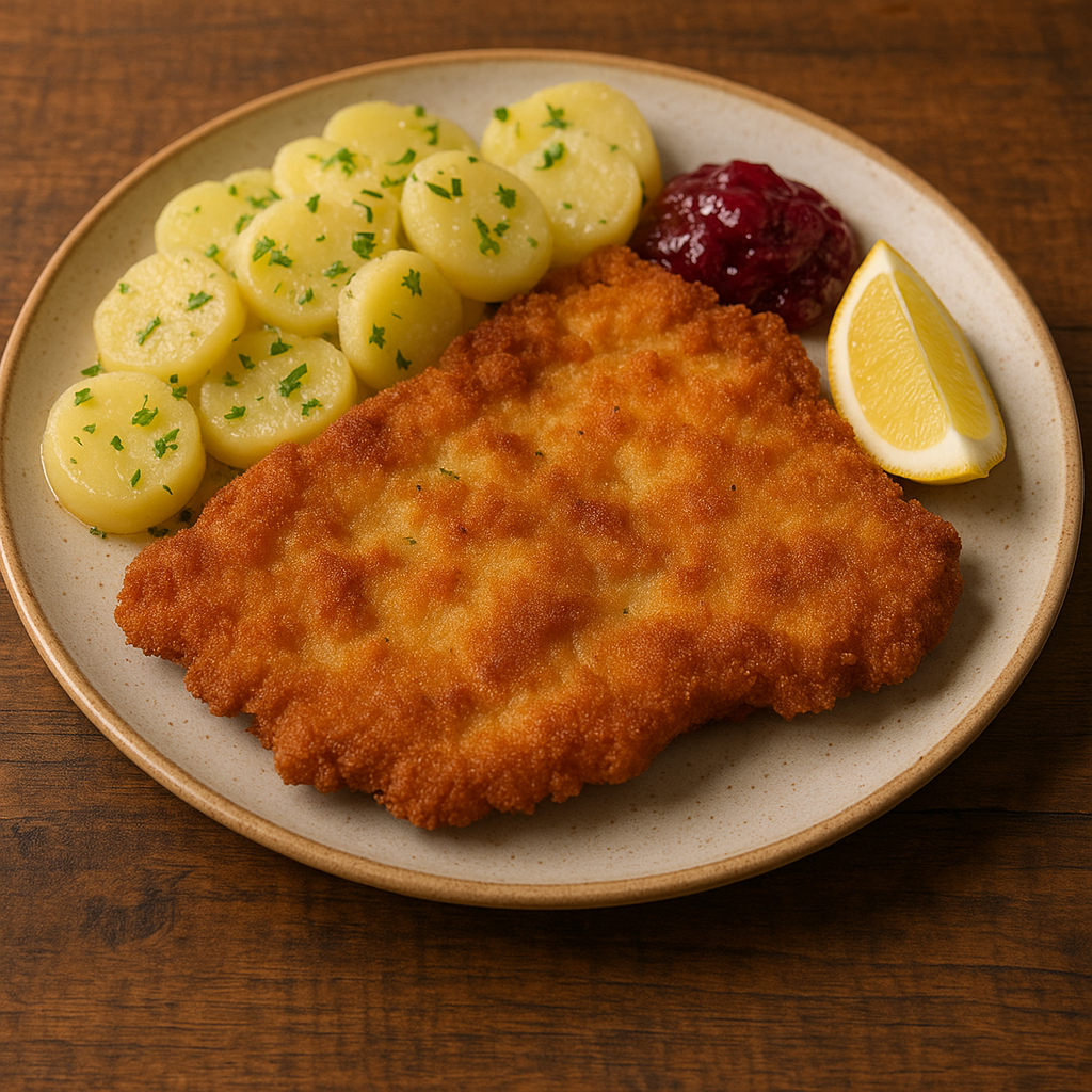 A large, golden-brown Wiener Schnitzel served with a lemon wedge and a side of potato salad.