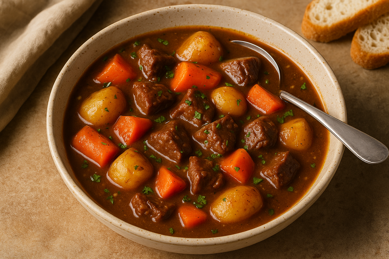 A rustic bowl of classic beef stew with large chunks of beef, carrots, and potatoes in a dark, rich gravy.