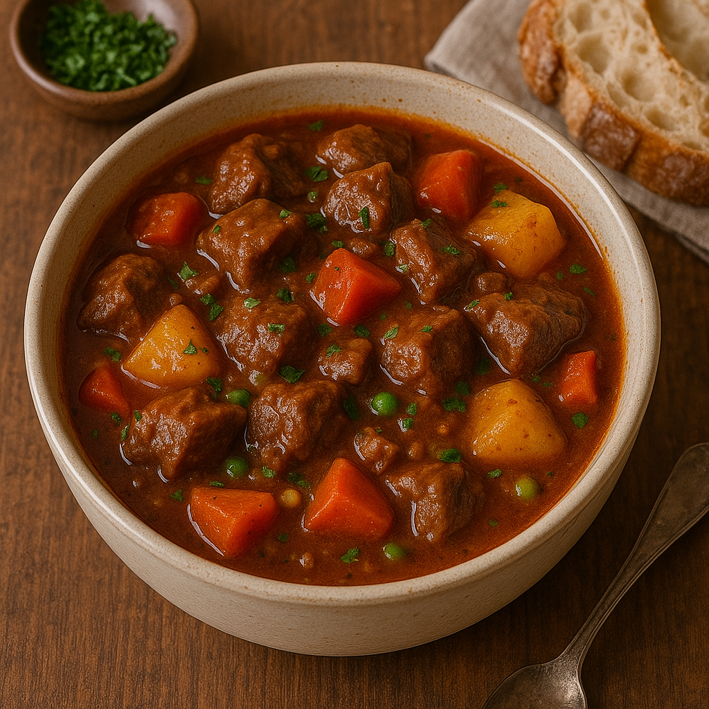 A rich, red bowl of Hungarian goulash with tender beef and potatoes, garnished with a dollop of sour cream.