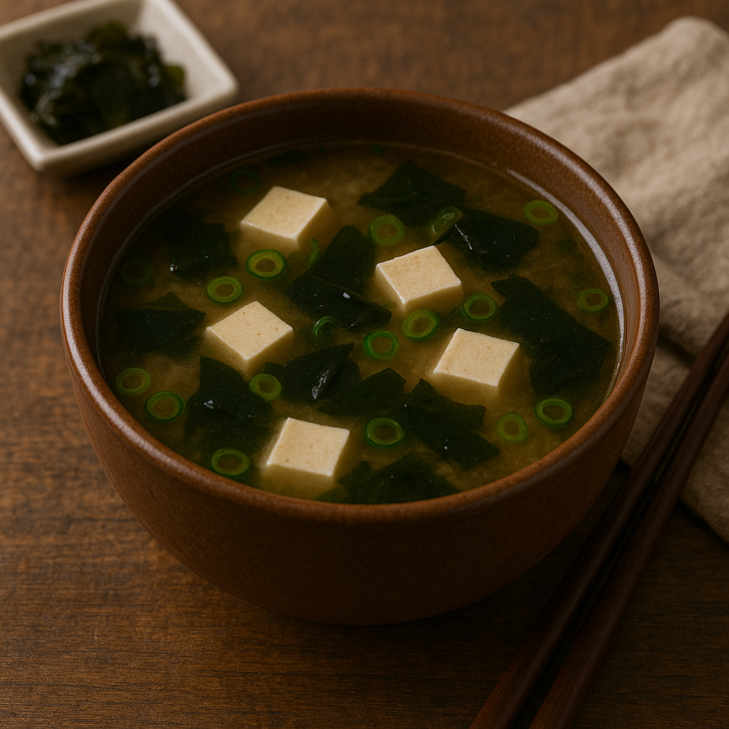 A simple bowl of Japanese miso soup with cubes of tofu, seaweed, and sliced scallions.