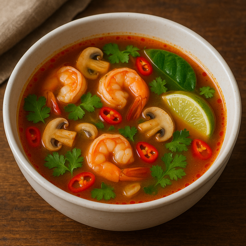 A fragrant bowl of Thai Tom Yum soup with shrimp, mushrooms, and a vibrant red broth.