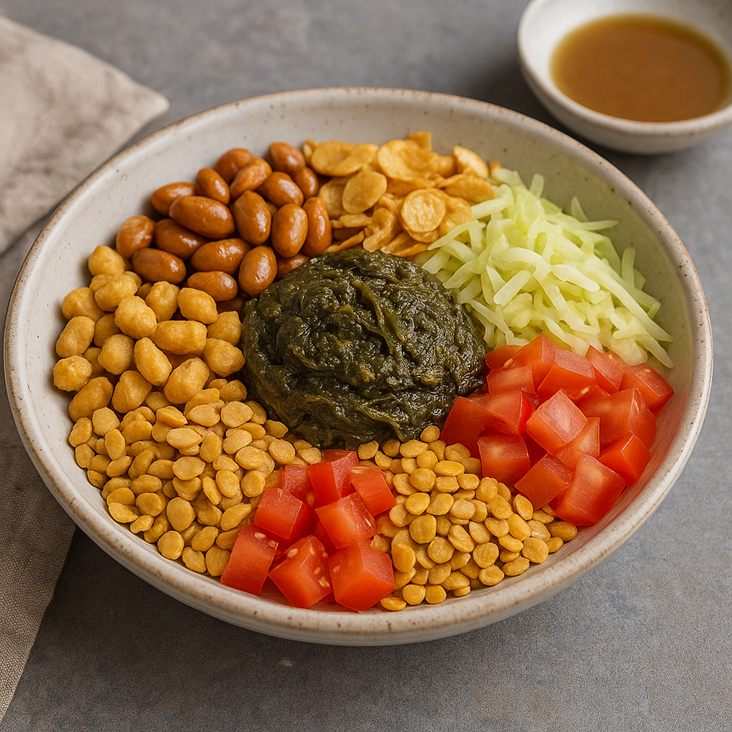 A vibrant Burmese tea leaf salad with cabbage, tomatoes, and a variety of crunchy fried beans and nuts.
