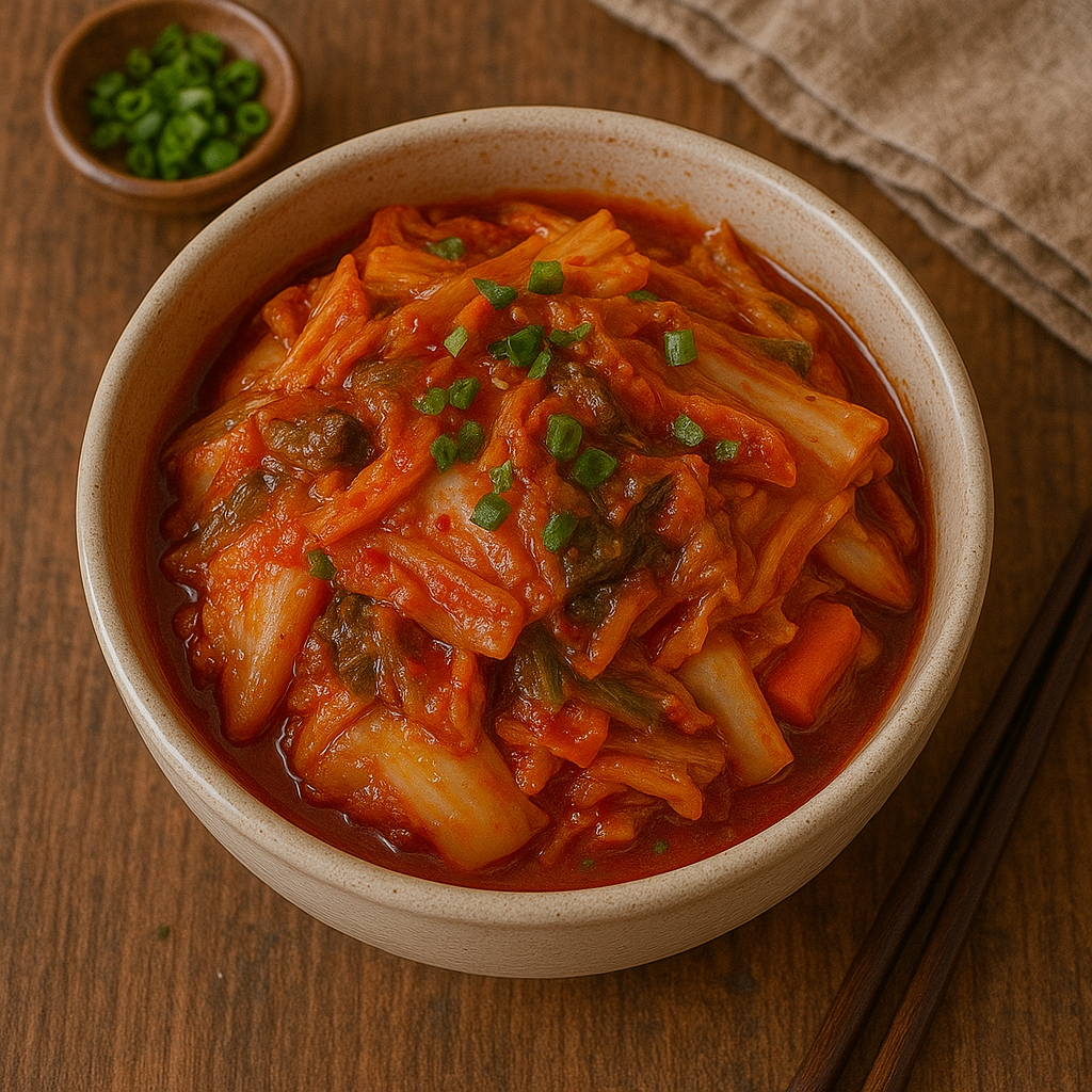 A close-up of vibrant red, spicy kimchi made from napa cabbage.