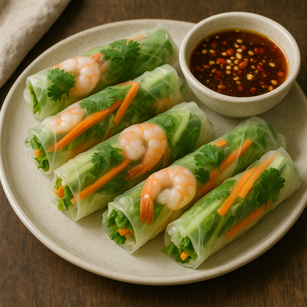 Fresh Vietnamese summer rolls showing shrimp and herbs through the translucent rice paper wrapper, served with peanut sauce.